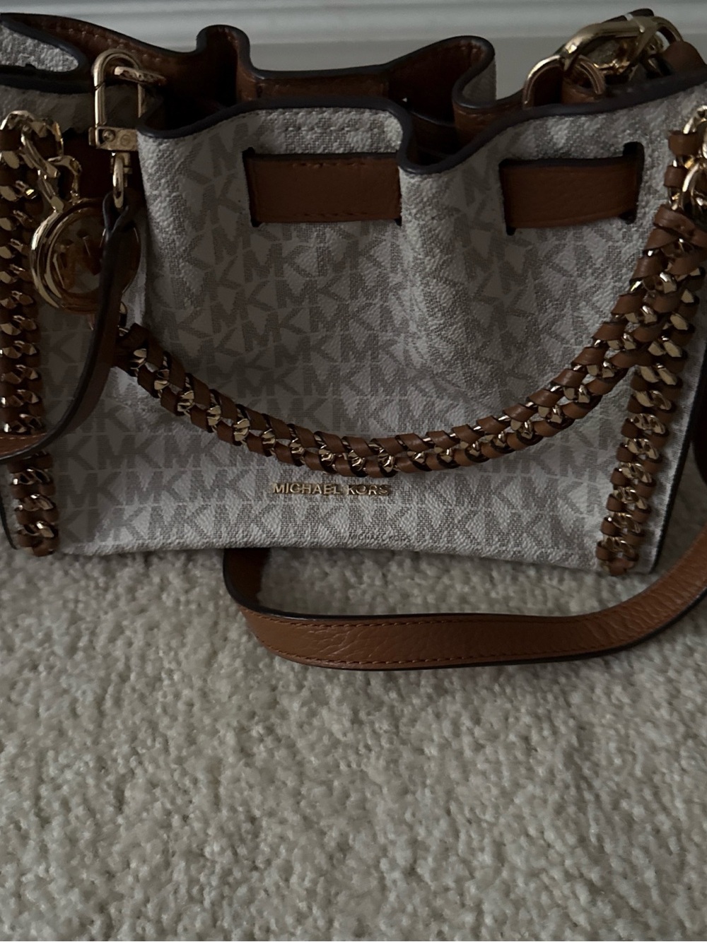 Michael Kors White & Brown MK Logo Chain-Trim Crossbody Bag